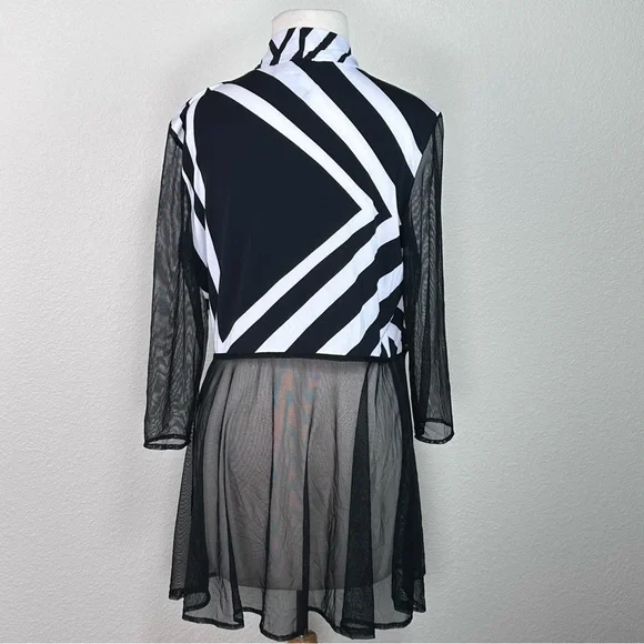 Frank Lyman Sheer Mesh Duster Cardigan Black White Geometric Open Front Size 10 - Picture 5 of 10